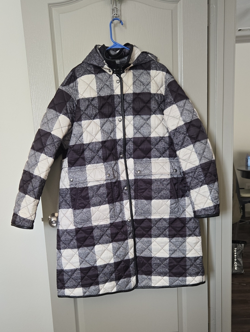 Polo Ralph Lauren Reversible Black and White Quilted Plaid Hooded Coat